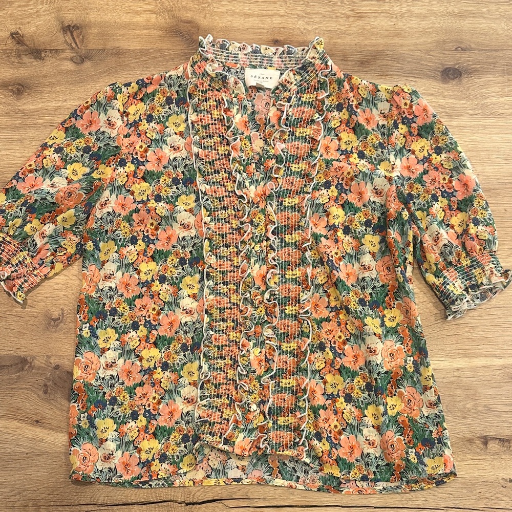 Sezane Floral Ruffle Blouse